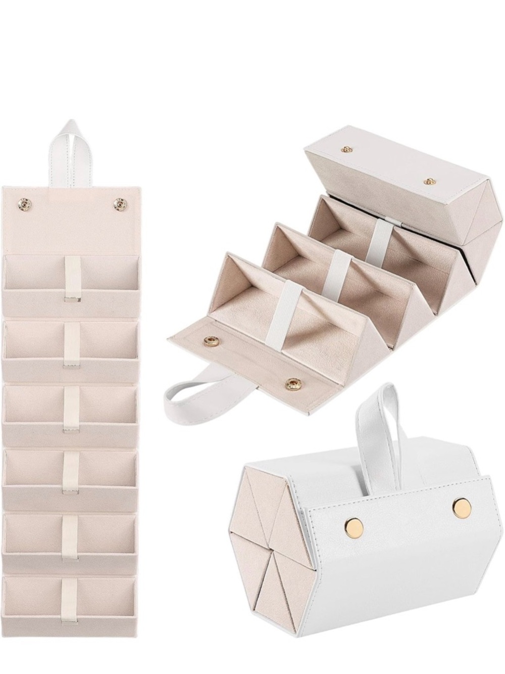 Travel Jewelry Organizer Roll - White & Cream Hanging Case